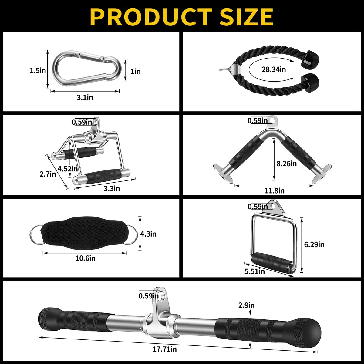 WNOEY Cable Machine Attachment, LAT Pulldown Attachments, Home Gym Accessories, Triceps Pull Down Attachment (V Handle + Row Handle + Rotating Bar + Tricep Rope + Ankle Straps + D Handle)