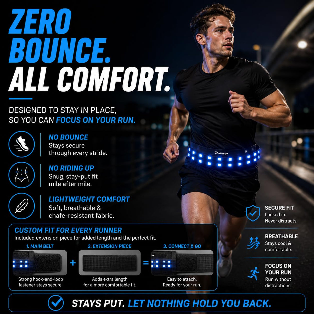 Colorway LED Running Belt - Reflective Running Gear with Removable Light Strip, 5 Bright Colors, USB Rechargeable, Adjustable Waist Pack, High Visibility, Night Safety Belts for Men and Women