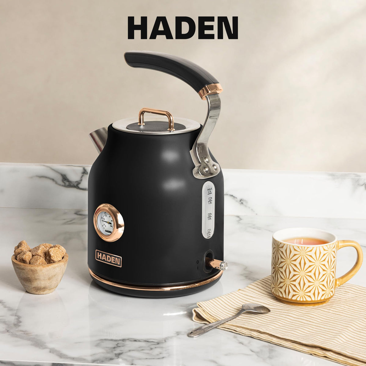 Haden Dorset Stainless Steel Electric Kettle, Black & Copper, 1.7 Liter