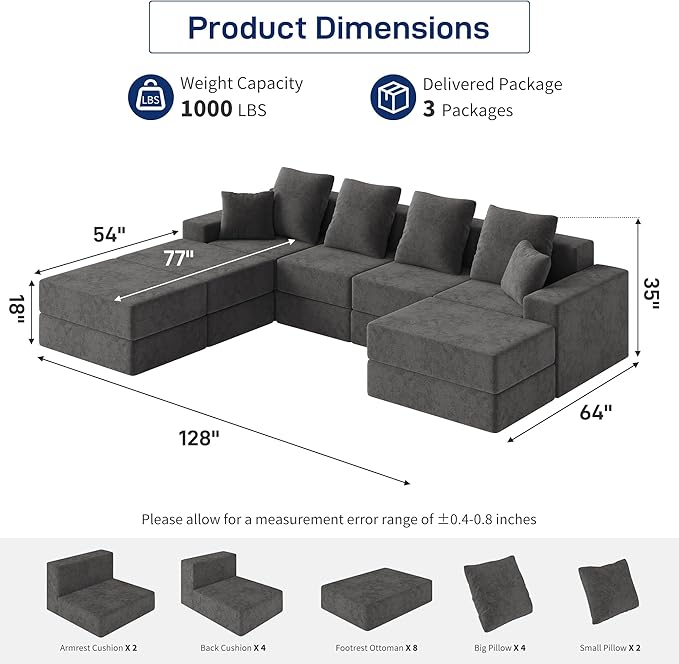 Living&Giving 128" U-Shaped Cloud Sectional Couch for Living Room, Cloud Boneless Couch-No Assembly with Reversible Chaise, Customizable 4-Seat Modular Sectional Sofa with 3 Ottoman,Dark Grey
