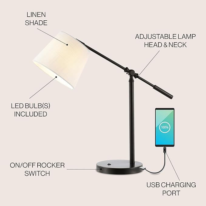 JONATHAN Y 24" Oil Rubbed Bronze 1-Light Iron LED Task Lamp with USB Port, Classic Vintage Industrial Table Lamp with Adjustable Head and Linen Shade, LED Bulb Included JYL1129A