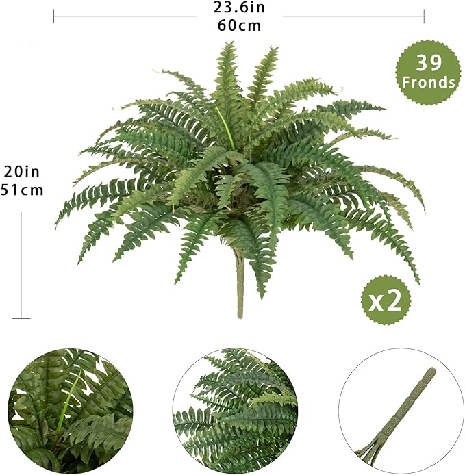 Ferns Artificial Plants Set of 2 Large Faux Ferns for Outdoor Planter 23.6" Dia. Realistic Potted | Hanging Boston Fern | Fake Shrubs for Home Garden Porch Farmhouse Decor