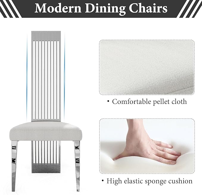 Modern Dining Chairs Set of 6, White Boucle Dining Room Chairs with Silver Polished Stainless Steel Legs, Upholstered Chairs with High Back and Metal Legs for Kitchen/Living Room/Restaurant