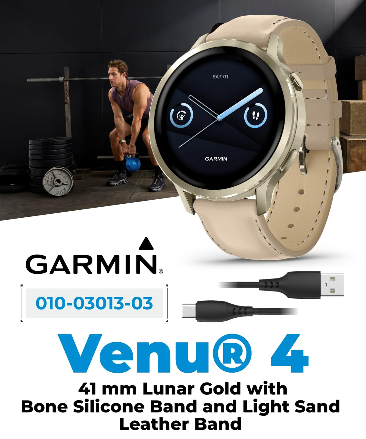 Garmin Venu 4 41mm AMOLED Advanced Health & Fitness GPS Smartwatch, Colorful Display, Built-in Flashlight, Lunar Gold w/Bone Silicone & Light Sand Leather Bands w/Wearable4U PowerBank Bundle