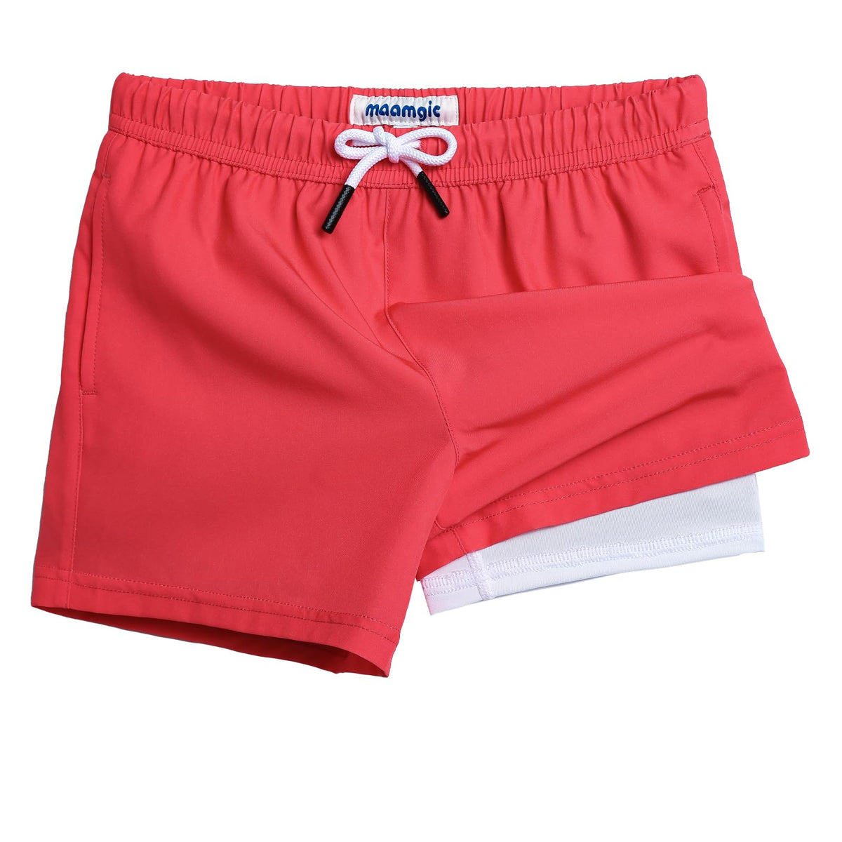 maamgic Boys Swim Trunks with Compression Liner 4-Way Stretch Quick Dry Swim Shorts Toddler Boy Hot Coral White 2T