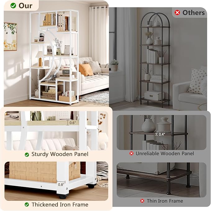 LGHM Bookshelf Set of 2 with Metal Frame, 5 Tier Geometric Bookcase, Adjustable Modern Book Shelf with 18 Open Storage Shelves, Display Shelf for Living Room, Office, Bedroom,Natural Oak