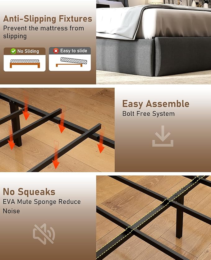 SADENICEL Queen Bed Frame with Storage Headboard and 2 Drawer, Metal Queen Size Bed Frame Platform with LED Light, Charging Station, No Box Spring Needed, Noise Free, Easy Assembly, Grey
