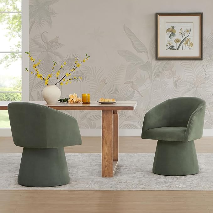 Swivel Dining Chairs Set of 4, Upholstered Mid Century Modern Deskchair with Barrel Back, Linen Fabric Kitchen Chairs for Dining Room, Bedroom, Dressing Room, Green
