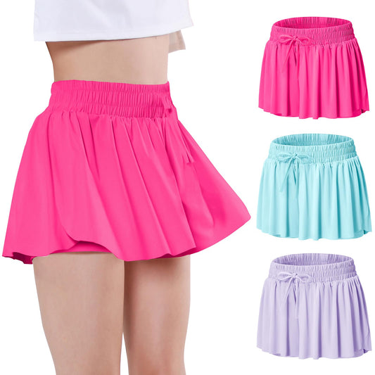 EXARUS 3 Pack Girls Butterfly Shorts Flowy Athletic Dance Cheer Running 2 in 1 Preppy Tennis Flutter Gym Kids Activewear Hot Pink Blue Purple 12Y