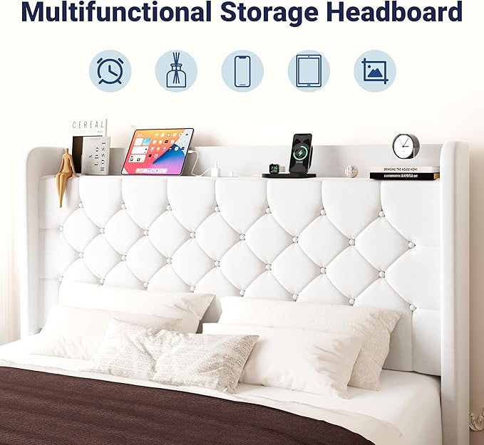 Allewie Full Size Bed Frame, Storage Headboard with Charging Station, Wingback Velvet Upholstered, Diamond Stitched Button Tufted, Sturdy Wooden Slats, No Box Spring Needed, Easy Assembly, White