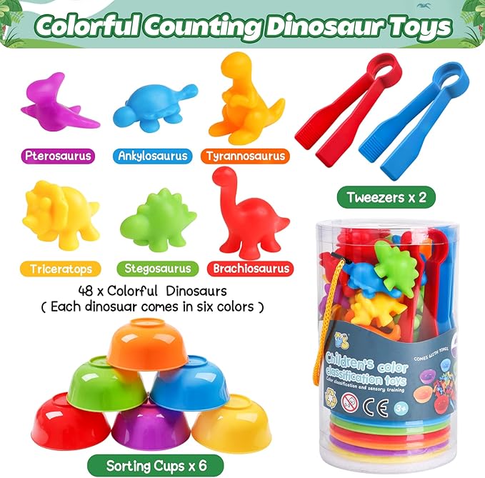 Skrtuan Counting Dinosaur Matching Toys with Sorting Bowls Montessori Preschool Educational Activities Learning Color Sorting Fine Motor Skills Sensory Toys Birthday Gift for 3 4 5 Year Old Boys Girls