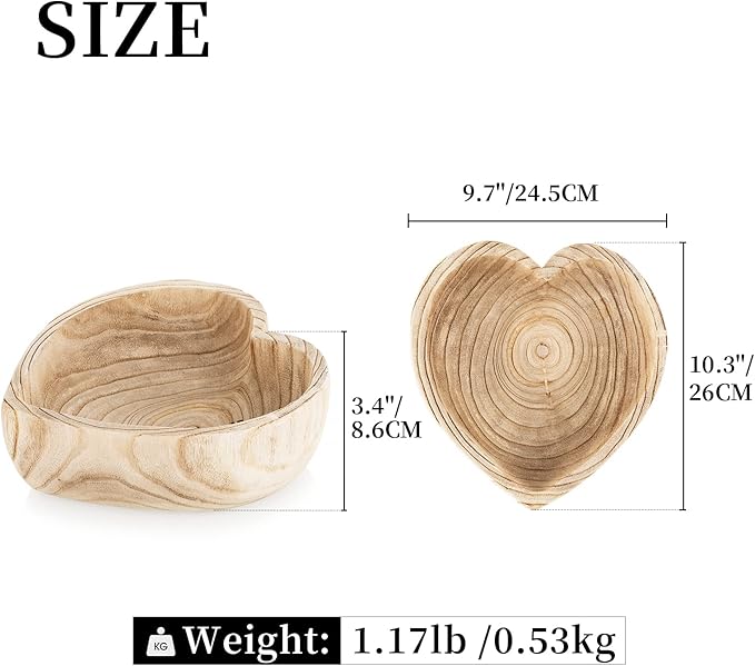 Hanobe Decorative Dough Wood Bowl: Large Heart Shaped Bowls for Decor Wooden Bowl for Table Centerpiece, Natural 10"
