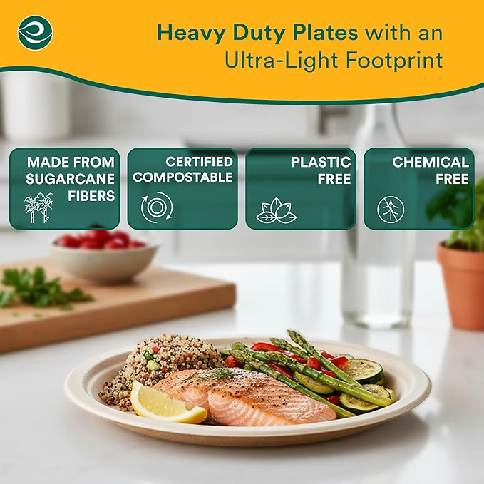 ECO SOUL Compostable 9 Inch(100-Pack) Biodegradable Heavy-Duty Disposable Eco-Friendly Paper Plates for Dinner & Parties, Wedding, Event