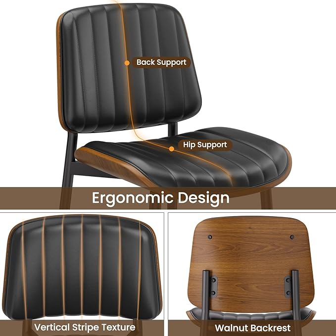 Dining Chairs Set of 2, FSC Certified Mid Century Modern Dining Room Kitchen Chairs, Upholstered PU Leather Vertical Stripe Chairs for Vanity with Walnut Bentwood and Metal Legs, Black