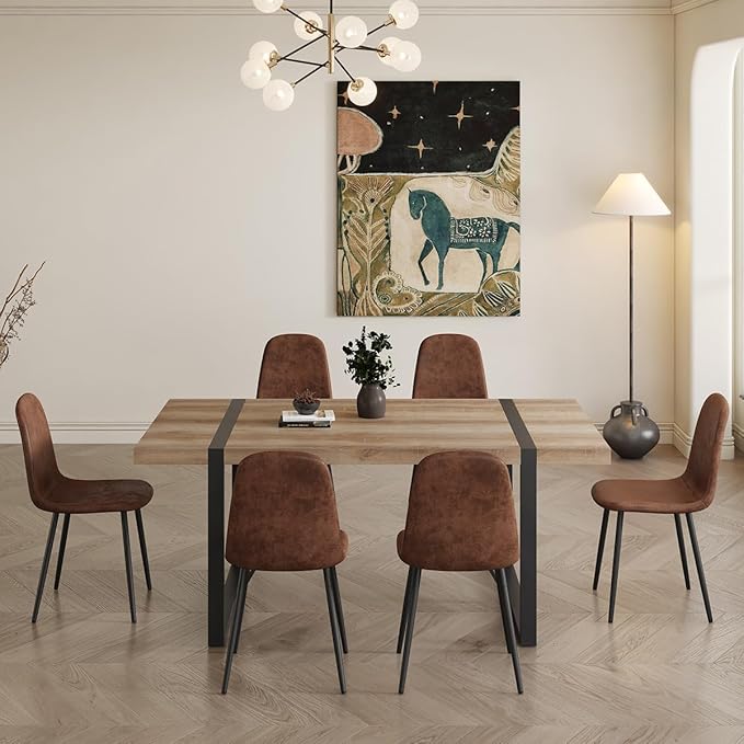 7 Piece Dining Table Set，Dinner Table Set for 6，71'' Kitchen Table and Suede Nap Fabic Chairs Set of 6，6 Chair Dining Table Set for Kitchen Dining Room