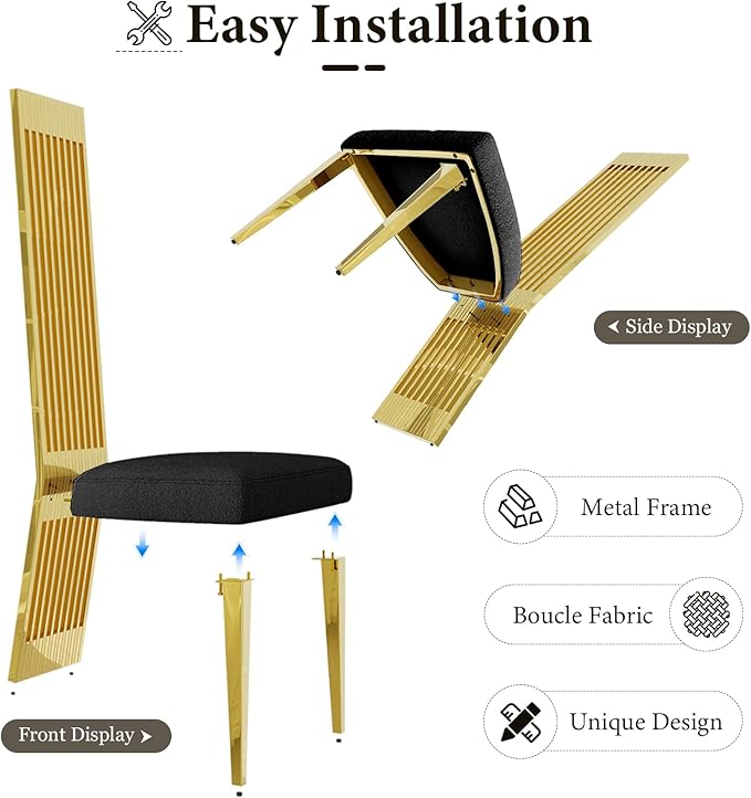 Dining Chairs Set of 6, Black Boucle Dining Room Chairs with Polished Gold Stainless Steel Legs and High Back