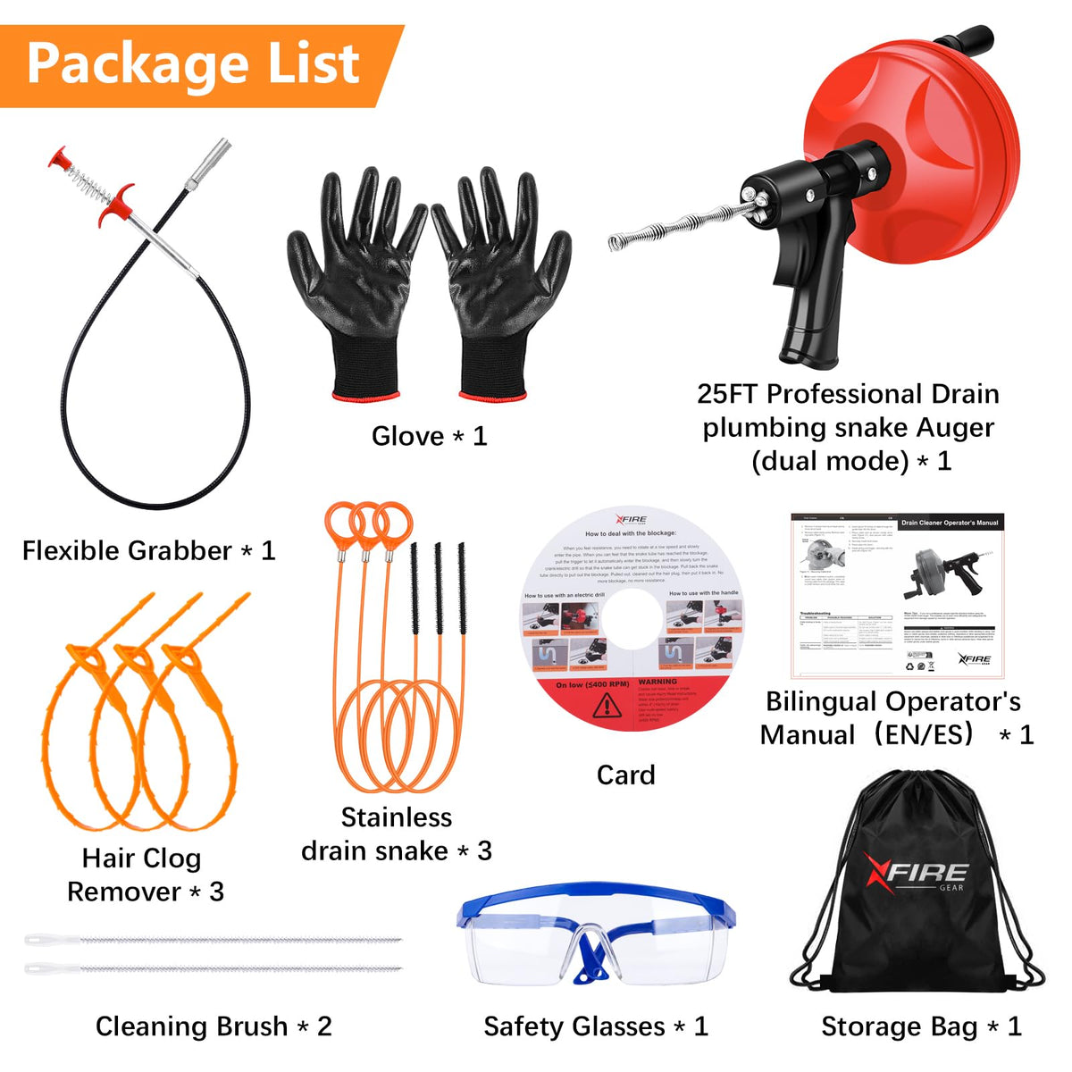 25 FT Plus Double Mode Drain Snake Tools, 13-in-1 Drain Auger for Sink and Drain Unblocking, Plumbing Snake for Kitchen, Bathrom and Shower Sink, Snake for Real DYIs[Upgraded 4.0]