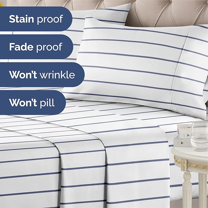 Striped Sheets - Navy Blue & White Striped Sheets - 1 Flat & 1 Fitted & 2 Pillowcases w/ Deep Pockets – Wrinkle & Fade Free - Breathable & Cooling – Luxury Pinstripe Bedding - Cal King Size Bed Set