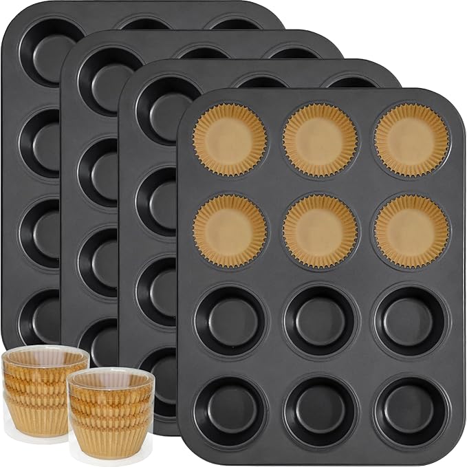 ATZNZIK 4 Pack Muffin Pan for Baking, Standard Cupcake Pan with 200 Natural Cupcake Liners, Muffin Tin Nonstick 12 Cup, Carbon Steel Muffin Cupcake Tary Baking Supplies