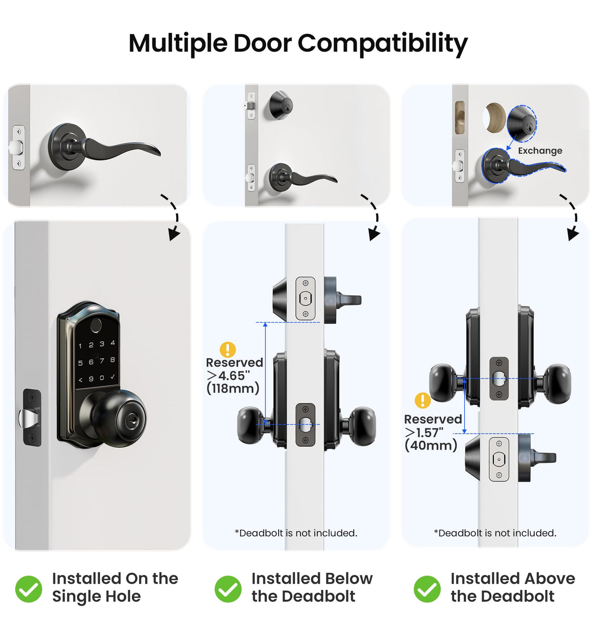 Veise VE018 Smart Knob Handle Lock - Fingerprint, App Control, Keyless Entry for Front Door and Bedroom, Electronic Digital Keypad, Auto Lock, Remote Access Sharing, Easy Installation, Matte Black