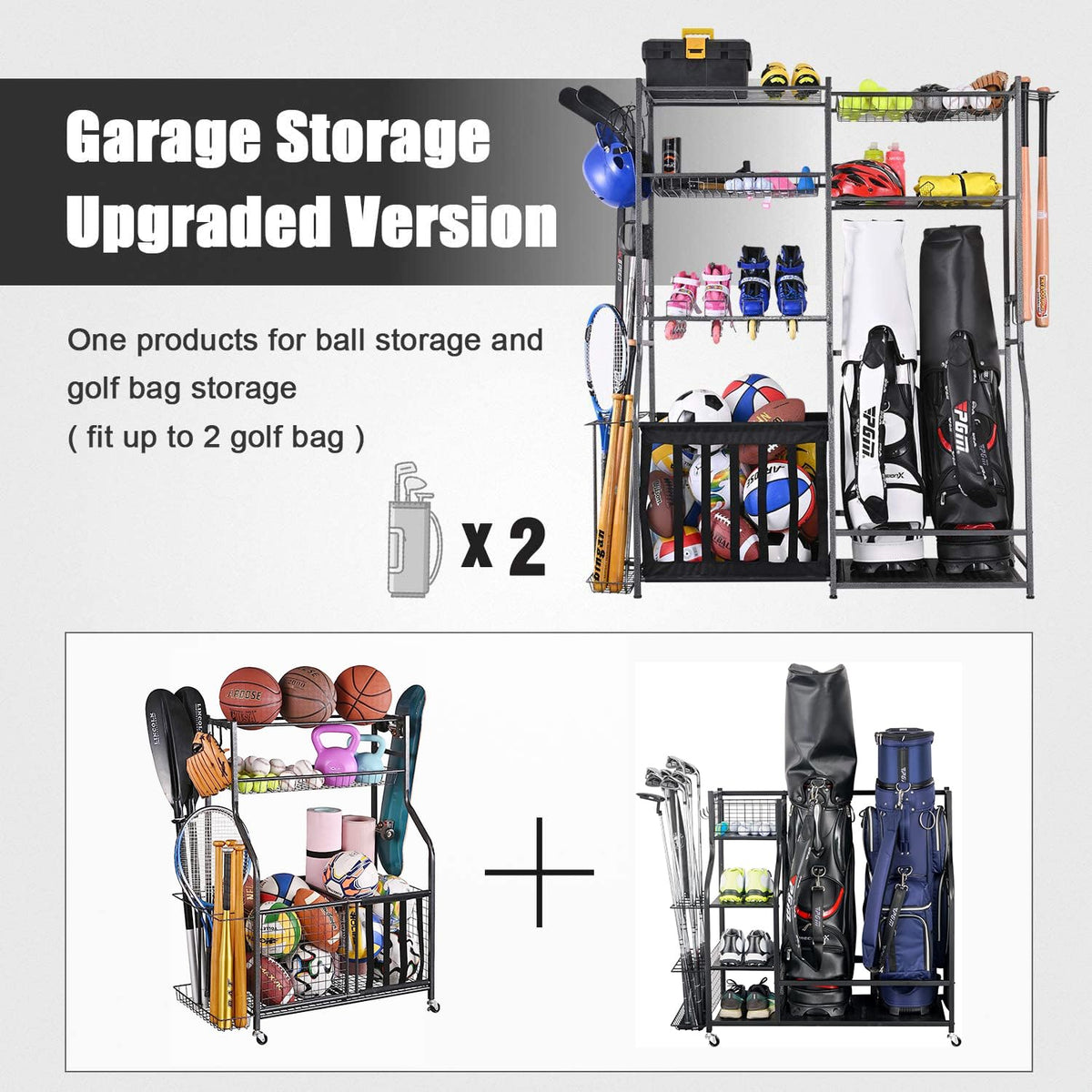 Mythinglogic Garage Sports Equipment Storage, 2 Golf Bag Storage Stand and Other Sports Equipment Storage Rack, Garage Organizer System