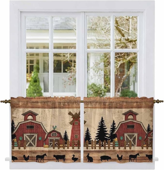 Brown Farmhouse Tier Curtains, Vintage Country Animals Wooden Grain Light