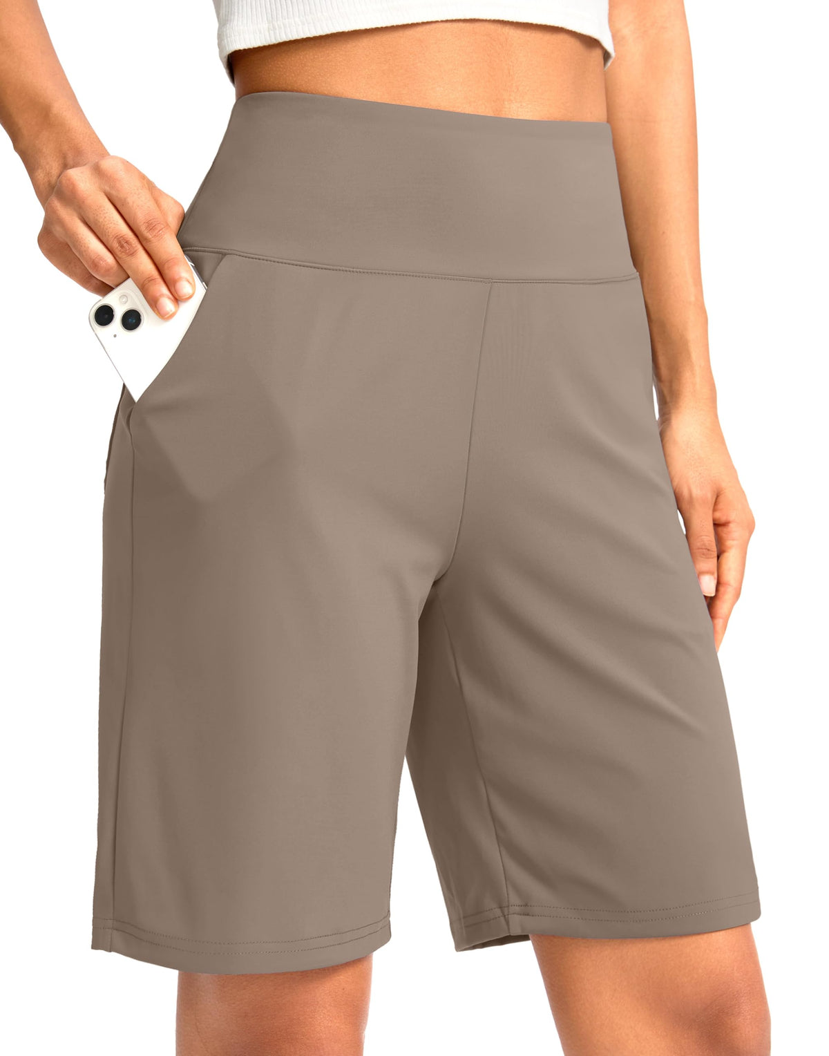 G Gradual Women's Bermuda Long Shorts with Pockets 9" High Waisted Knee Length Shorts for Women Walking Athletic Workout(Taupe,XL)