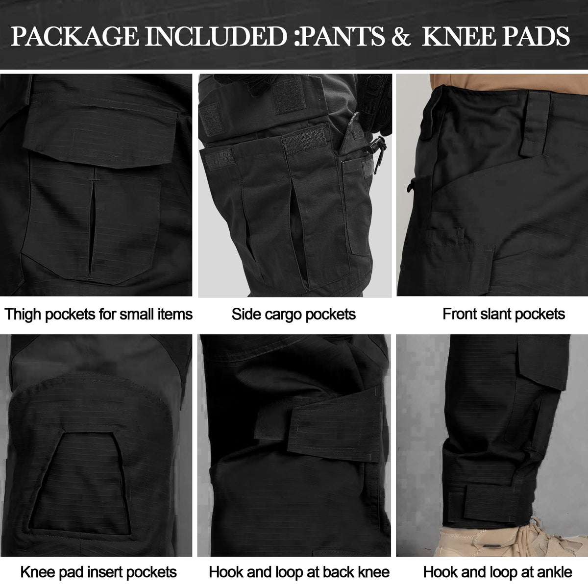 MERJAZ Men's Tactical Pants with Knee Pads Black 30