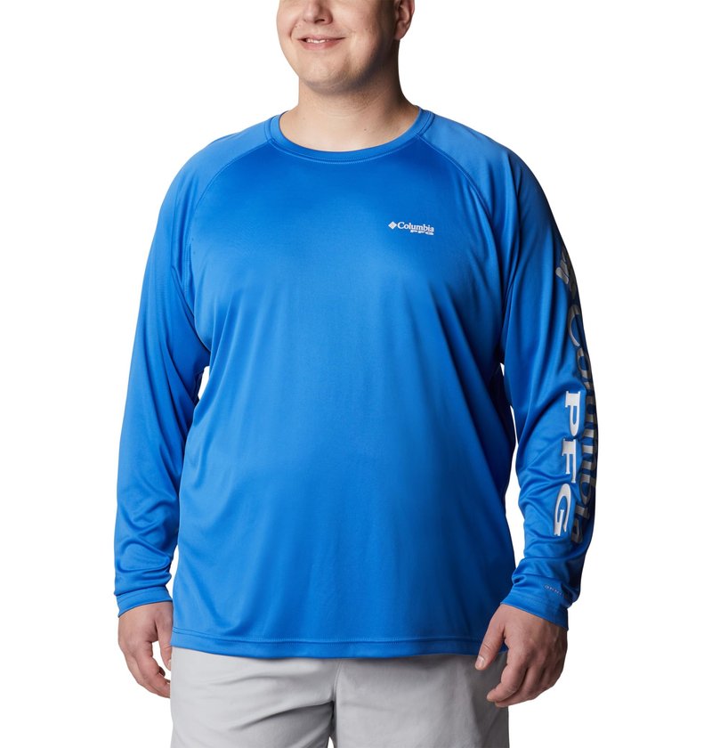 Columbia Men's PFG Terminal Tackle Long Sleeve Fishing Shirt, Vivid Blue/Cool Grey Logo, 1X