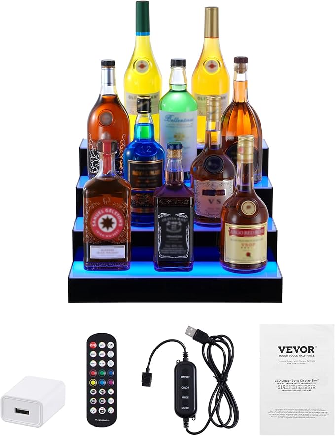 VEVOR LED Lighted Liquor Bottle Display, 4 Tiers 16 Inch Commercial Illuminated Home Bar Shelf, 4 Steps Whiskey Rack Stand, Acrylic Drink Shelves with RF Remote & App Control, and Multicolor Light