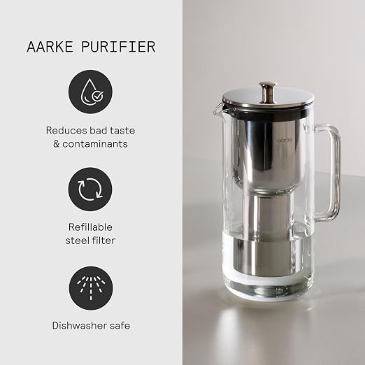 Aarke Purifier Regular 1.18L Glass Pitcher Bundle w/Steel Filter, 4 Pure Refill