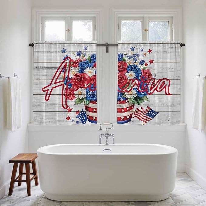 Independence Day Kitchen Curtains 54 Inch Long 2 Panel Set, Rod Pocket Window