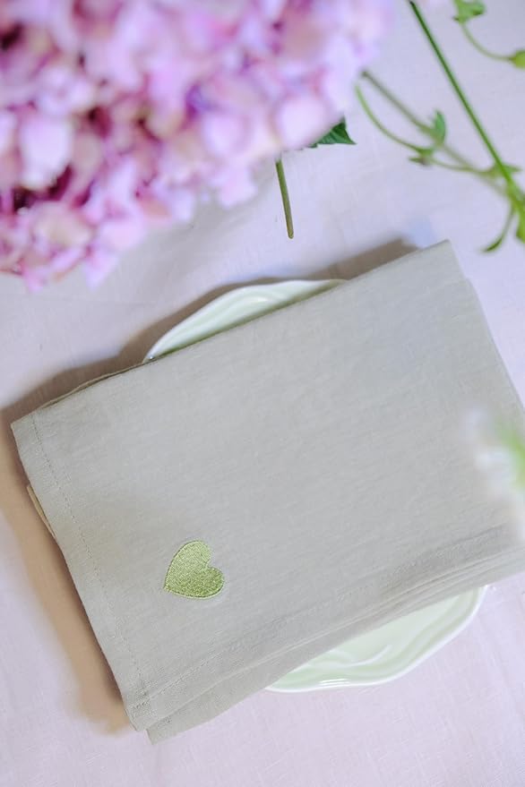 100% Linen Napkins Set of 4 -Sage Green Cloth Dinner Napkins, Embroidered, Washable and Reusable, Elegant Table Decor for Summer Dining, Wedding & Special Occasions, 17.7 x 17.7 Inch