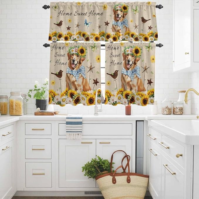 Kitchen Curtains Tiers and Valance Set of 3, Sunflowers Dog Light Filtering