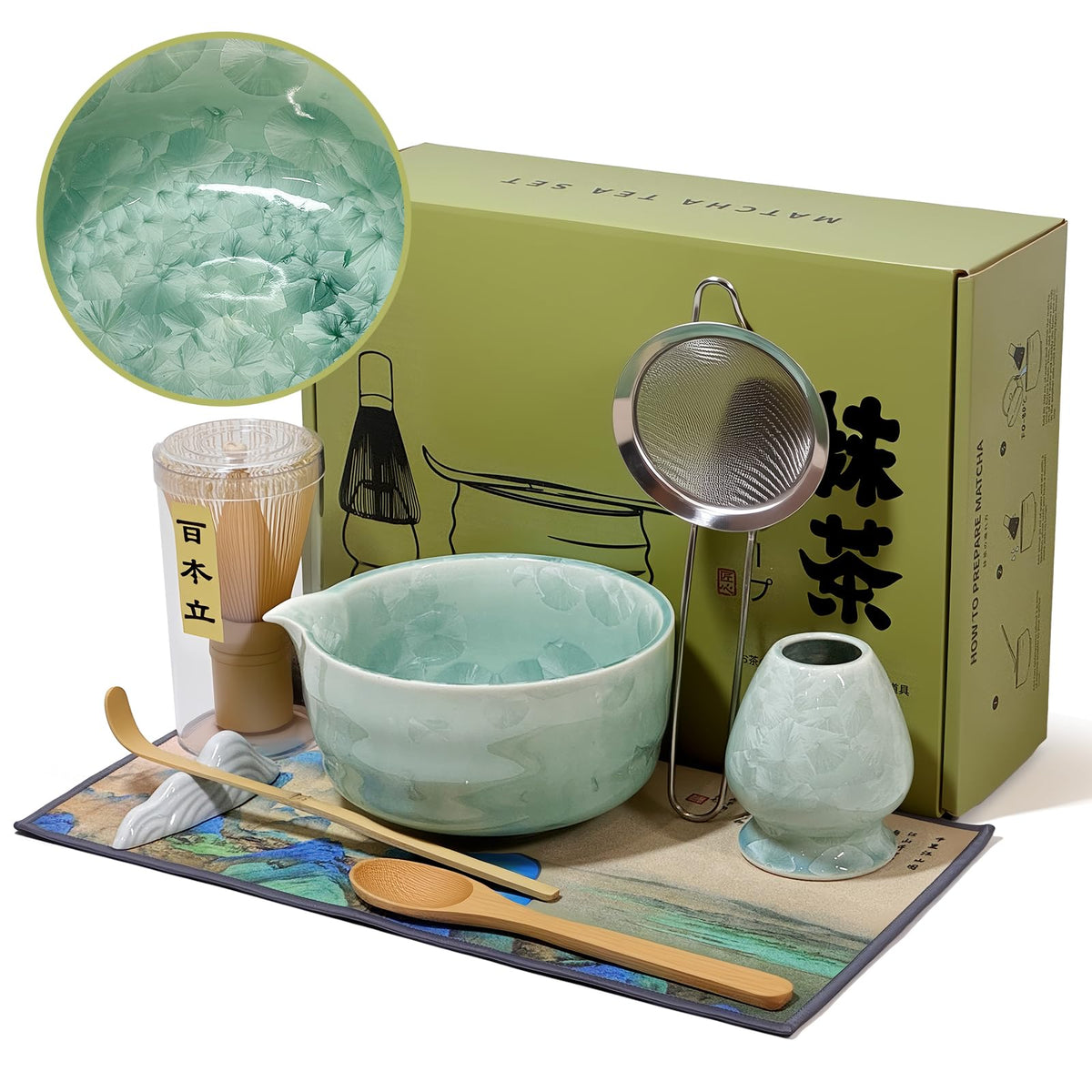 Matcha Whisk Set with Ceramic Bowl - Bamboo Whisk (Chasen), Scoop, Sifter & Holder - Complete Kit for Traditional Matcha Tea - Unique Gifts for Women, Men, Tea Lovers (Luminous-Auric-Sands)