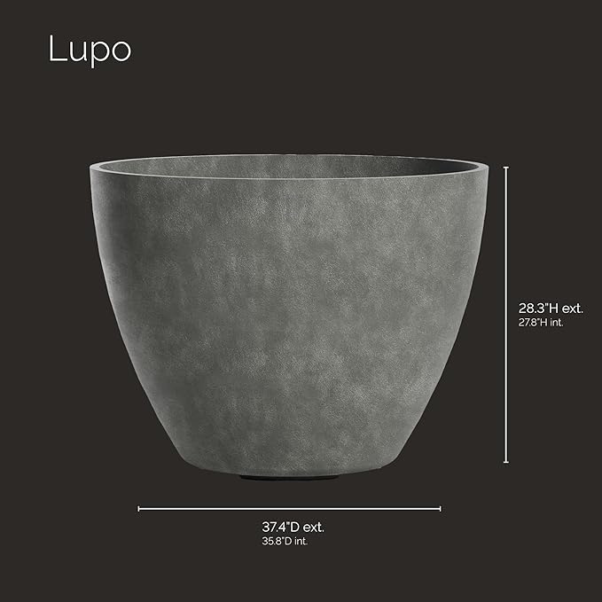 Lupo Tapered Planter – Grey Stone Finish – Fiberglass Indoor/Outdoor and Weather-Resistant Large Planter (37.4" D x 28.3" H Exterior, 35.8" D x 27.8" H Interior)