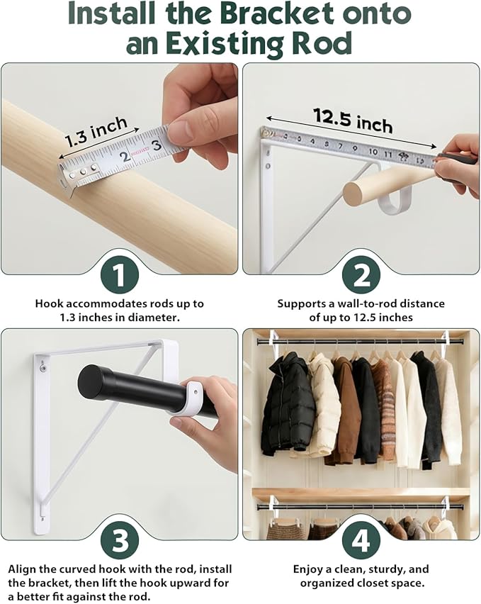 Supforce 6 Pack Closet Rod Bracket, Heavy Duty Closet Rod Support with Rod Holder, Wall Mounted Closet Shelf Brackets with Triangle Stabilizing Design for Closet, Bathroom and Kitchen, White