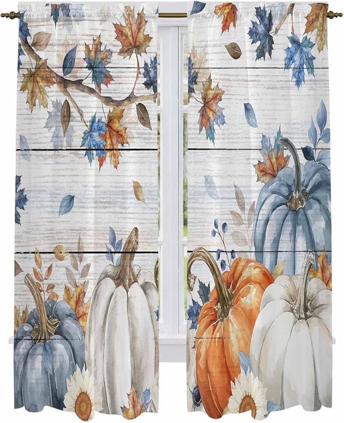 Thanksgiving Pumpkin Window Curtains 72 Inch Long 2 Panel Set, Rod Pocket Long