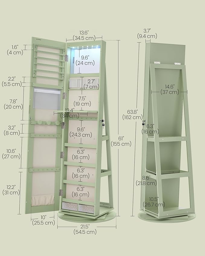 SONGMICS 6 LEDs Lockable Mirror Jewelry Cabinet, 360° Swivel Jewelry Organizer Armoire Standing, Frameless Full-Length Mirror, 3 Storage Shelves, Laurel Green Surface, Cream White Lining UJJC007C01