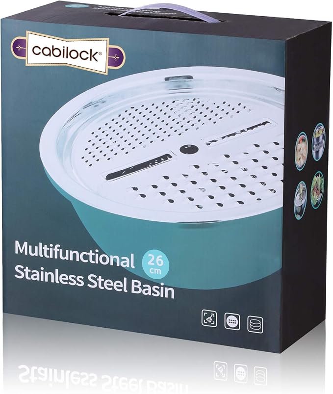 Cabilock Stainless Steel Grater Bowl, 3-in-1 Vegetable Grater with Drain Basket and Salad Bowl, Multipurpose Kitchen Strainer Shredder for Cheese, Carrots, Potatoes, Cucumbers and Food Prep, 10.2 Inch
