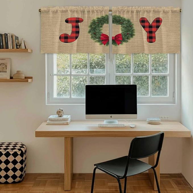 Red Green Christmas Kitchen Tier Curtains 36 Inch Long 2 Panel Set, Rod Pocket