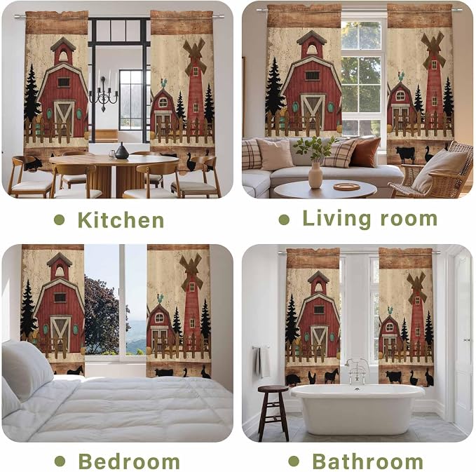Brown Farmhouse Kitchen Curtains, Vintage Country Animals Wooden Grain Light