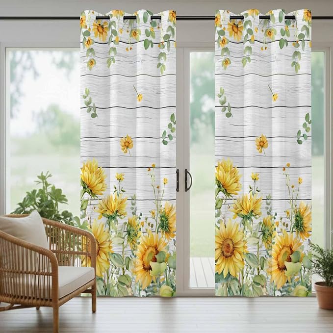 Sunflowers Outdoor Curtains for Patio Summer Floral Eucalyptus Leaf Wood Plank