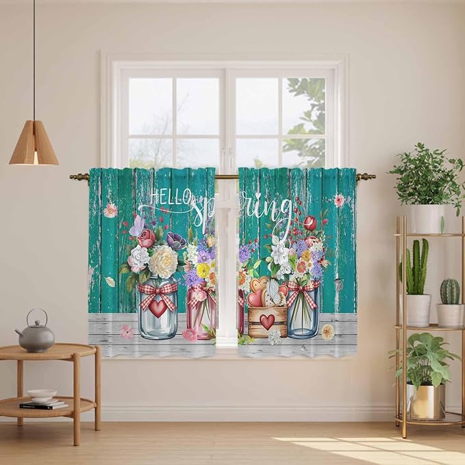 Spring Flowers Kitchen Curtains, Farmhouse Watercolor Teal Wood Grain Light