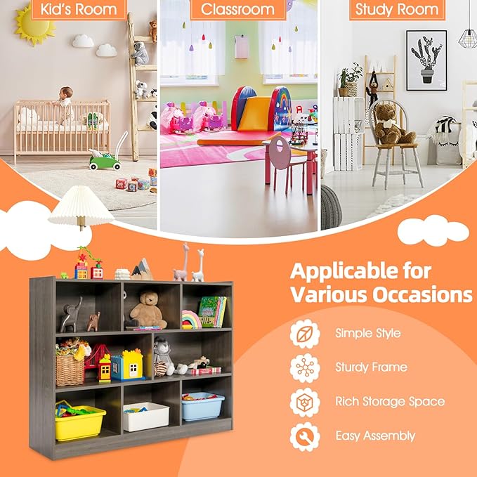 NAFORT 8-Cube Organizer Storage Cabinet, 3-Tier Bookshelf,Low Displaycase, Wooden Bookcase for Bedroom/Preschook/Classroom/Office, Gray