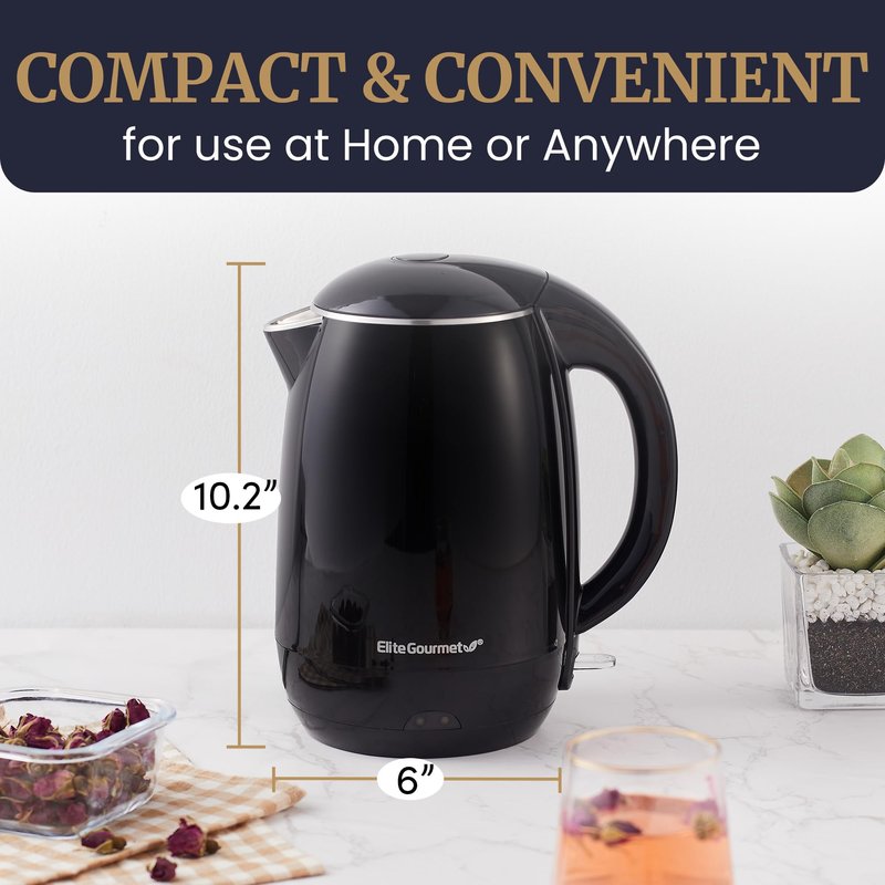 Elite Gourmet EKT1821 1.8L Double Wall Insulated, Cool-Touch 1500W Kettle w/Stainless Steel Interior & Lid, 360° Swivel Base for Cord Free Serving, Power On Lever, Auto Shut-Off, Boil Dry, Black