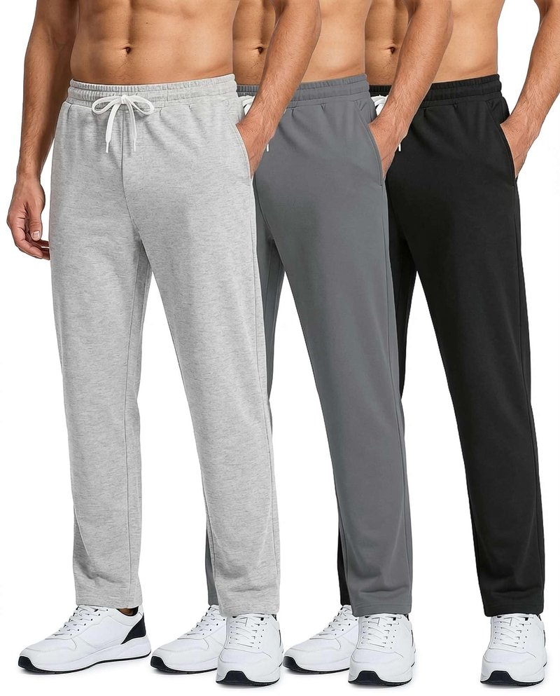 Real Essentials 3 Pack: Men's French Terry Open Bottom Sweatpants - Casual Lounge Comfort Gym with Pockets- Set 3,L