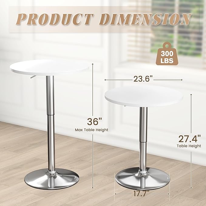 Shahoo Round Bar Table, Adjustable Height and 360° Swivel Bistro Pub Table, Cooktail Table for Bar, Bistro, Dining Room, White with Silver Base