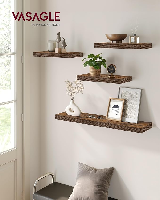 VASAGLE Wall Shelves Set of 5, Floating Shelves, Wall Mounted, 8 x 15.7 x 1.5 Inches, Display Shelves for Picture Frames, Wall Decor, Hanging Shelf for Living Room, Kitchen, Rustic Brown ULWS071B02