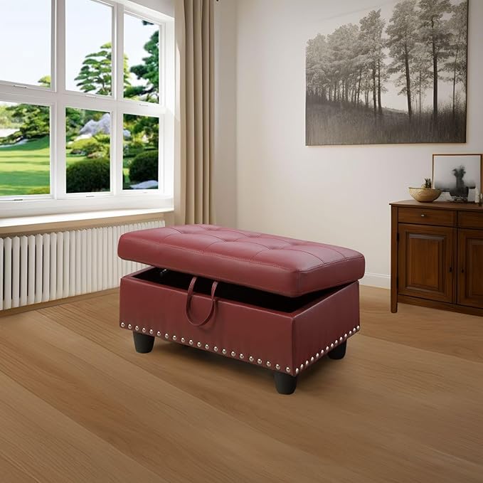 Simple Deluxe Ottoman with Storage Bench Chair, 28.5" L x 19.5" W x 17.5" H Foot Rest Stools with Synthetic Leather,Ottoman Storage Chest Box with Padded Seat for Bedroom, Living Room, Entryway,Red